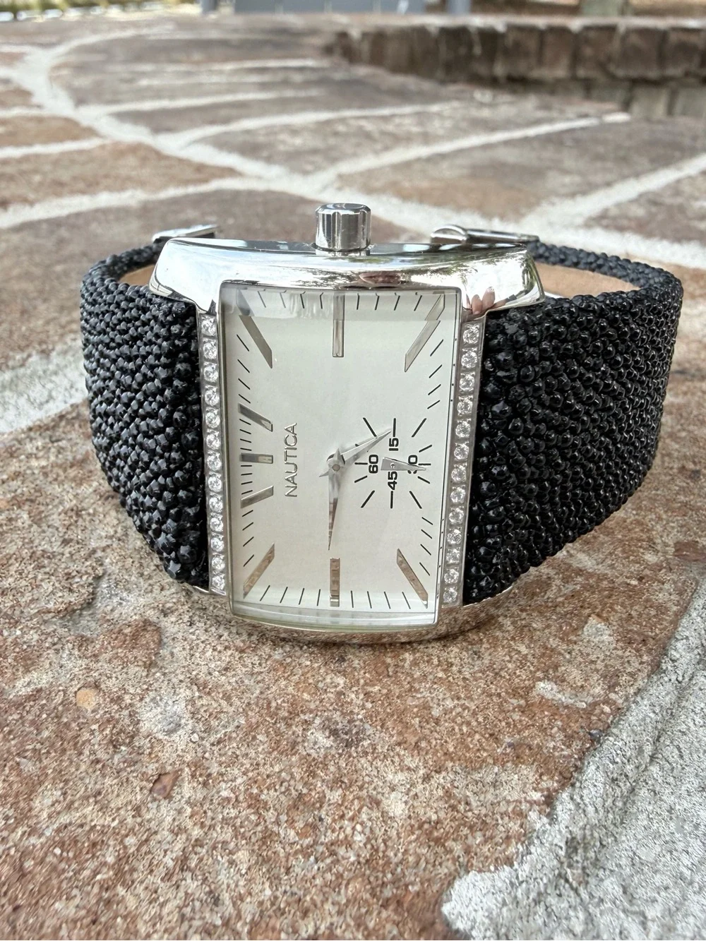 Nautica Silver Rectangular Watch with Black Beaded Strap